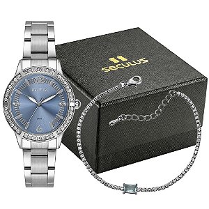 Kit Relógio Seculus Feminino Analógico Aço Prata Elegante Com Semijoia 44340L0SKNS2K1