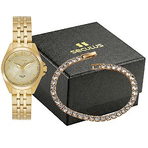Kit Relógio Seculus Feminino Analógico Aço Dourado Com Semijoia 44345LPSKDA1K1