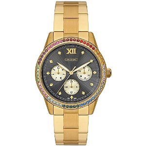 Relógio Orient Feminino Dourado Multifunção Fundo Grafite Cristais FTSSM064 G3KX Original
