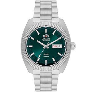 Relógio Orient Masculino Automático Heritage 3 Estrelas Aço Safira Aro Canelado Verde YN6SS026E1SX