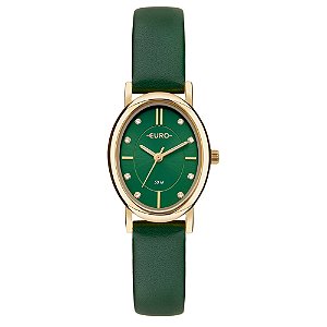 Relógio Euro Feminino Analógico Prata Caixa Oval Pulseira Em Couro Verde EU2035ZBX/3V