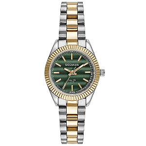 Relógio Seculus Feminino Analógico Aço Bicolor Prata E Ouro Mostrador Verde 77245LPSVBA5