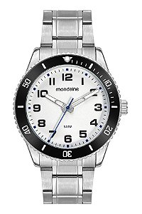 Relógio Mondaine Masculino Analógico Aço Prata Fundo Branco Bisel Preto 42mm