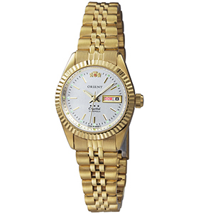 Relógio Orient Automático Feminino Dourado Bisel Canelado Pulseira Jubilee 25mm 559EB1NHB1KX