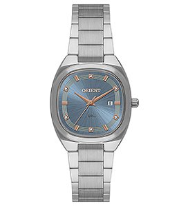 Relógio Orient Feminino Analógico Aço Prata Caixa Quadrada Fundo Azul Cristais LBSS1036 A1SX