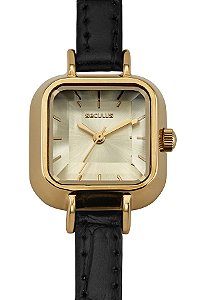 Relógio Seculus Feminino Analógico Retangular Dourado Couro Preto Vidro Facetado 44277LPSVDR1