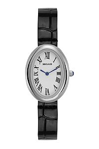Relógio Seculus Feminino Analógico Vintage Oval Prata Couro Preto 44369L0SVNC2