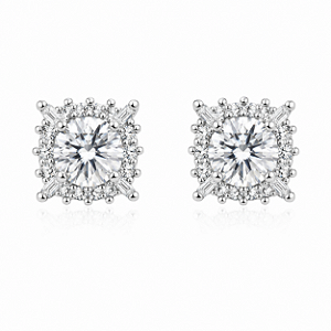 Brinco Ponto de Luz Moldura Quadrado Moissanite 6,0mm Prata 925 com Ródio