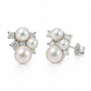 Brinco Cacho de Pérolas Moissanites1,5mm e 2mm Prata 925 com Ródio