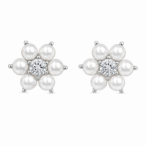 Brinco Flor Pérola Moissanite 4,0mm Prata 925 com Ródio