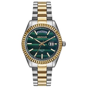 Relógio Seculus Feminino Analógico Aço Bicolor Fundo Verde Catraca Facetada 36mm 77323LPSVBA3