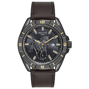 Relógio Seculus Masculino Analógico Estilo Country Cavalo Relevo Couro Marrom Grafite 48mm 77315GPSVSC3