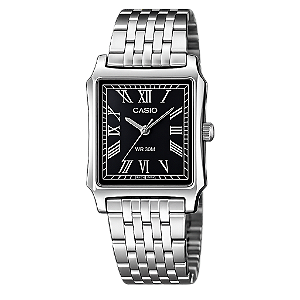 Relógio Casio Masculino Analógico Estilo Tank Aço Prata Fundo Preto Romanos 31,5mm MTP-B190D-1BVDF