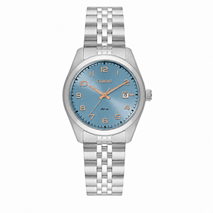 Relógio Orient Feminino Analógico Eternal Aço Prata Fundo Azul Sky Blue Calendário FBSS1206 A2SX