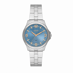 Relógio Orient Feminino Analógico Aço Prata Mostrador Azul Sunray 32mm FBSS0136 A2SX