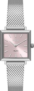 Relógio Orient Feminino Analógico Quadrado Prata Safira Fundo Rosa Pulseira Mesh LBSS0091 R1SX