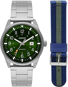 Relógio Orient Masculino Analógico Clássico Aço Prata Mostrador Verde MBSS1453E2SX Duas Pulseiras