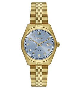 Relógio Orient Feminino Analógico Clássico Dourado Fundo Azul Claro Calendário FGSS1263 A2KX