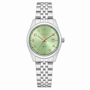 Relógio Orient Feminino Analógico Eternal Aço Prata Mostrador Verde Calendário 32mm FBSS1206 F2SX