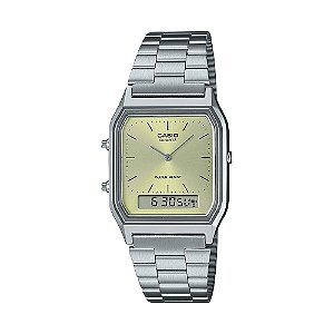 Relógio Casio Vintage Prata Fundo Dourado Ana-Digi AQ-230A-9A Original