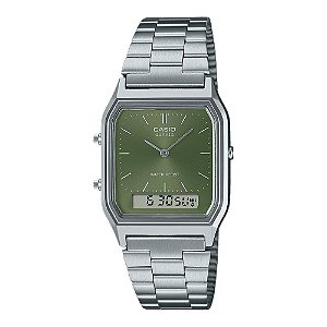 Relógio Casio Vintage Prata Fundo Verde Ana-Digital AQ-230A-3AMQYDF Original