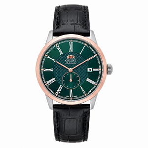 Relógio Orient Masculino Automático Special Calibers Small Seconds Preto Rose Fundo Verde Couro YN6MC035 E3PX