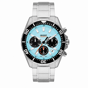 Relógio Orient Masculino Analógico Cronógrafo Aço Prata Fundo Azul MBSSC288 A1SX