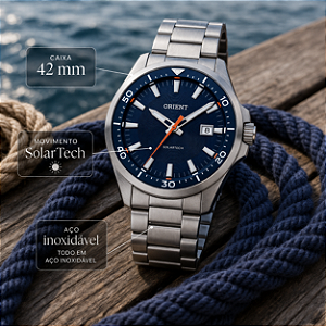Relógio Orient Masculino Prata Fundo Azul Solartech Aço MBSS1502 D1SX Original
