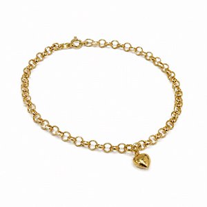 Pulseira  Elo Português  2,5mm Pingente Coração Ouro 18K
