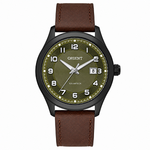 Relógio Orient Masculino SolarTech Preto Fundo Verde Couro Marrom MPSC1016 E2NX