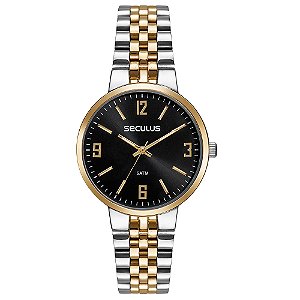 Relógio Feminino Seculus 77267LPSVBS3 Bicolor Aço Prata e Dourado Mostrador Preto Original