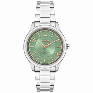 Relogio Orient Feminino Aco Prata Fundo Verde Detalhes Rose FBSS0157F2SX 33mm