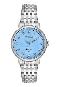 Relógio Seculus Feminino Prata Todo em Aço Fundo Madre Pérola Ice Blue 35mm 77331L0SVNA3