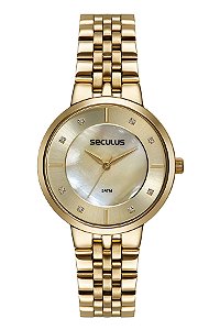 Relógio Seculus Feminino Dourado Pulseira Jubilee Fundo Madre Pérola 38mm 77248LPSVDS1