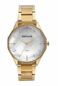 Relógio Seculus Feminino Dourado Imponente 42mm Vidro Facetado 77165LPSVDS1