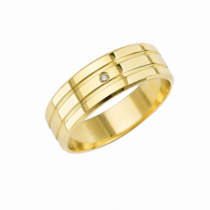 Aliança Reta Friso Lateral com Moissanite Borda Chanfrada 6mm Ouro 18K