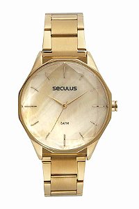 Relógio Seculus Feminino Dourado 77267LPSVBS3 Facetado 42mm