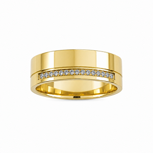 Aliança Reta com Friso Polida Borda Chanfrada e Filete de Moissanites 8mm Ouro 18K