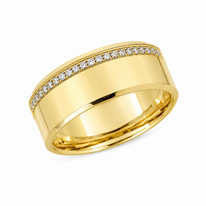 Aliança Reta Semi Anatômica Borda Chanfrada com Filete de Diamantes 8mm Ouro 18k.