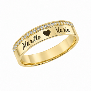 Aliança Reta com Friso Filete de Diamantes Gravação Externa 4mm Ouro 18k.