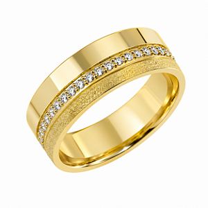 Aliança Reta com Friso Textura Filete de Diamantes 5mm Ouro 18k.