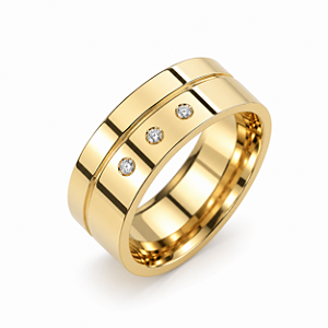 Aliança Reta com Friso Trio de Diamantes Cravados 6mm Ouro 18K