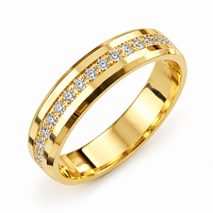 Aliança Reta Semi Anatômica com Friso Borda Chanfrada Filete de Diamantes 4mm Ouro 18K