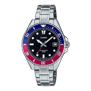 Relógio Casio Duro Mdv-10d-1a3v 38,5mm Tamanho Pequeno Correia Prateado Bisel Azul E Vermelho Fundo Preto