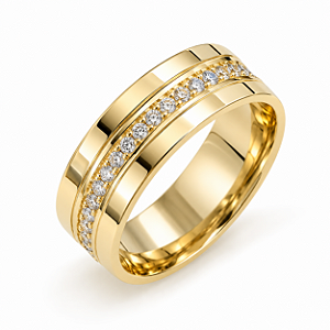 Aliança Reta com Friso Filete Central de Diamantes 5,0mm Ouro 18K