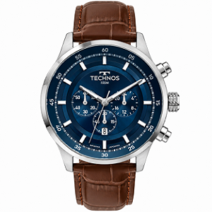 Relógio Technos Cronógrafo Masculino Couro Fundo Azul 44mm