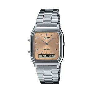 Relógio Casio Vintage Ana-Digi Prata Fundo Salmão AQ230A