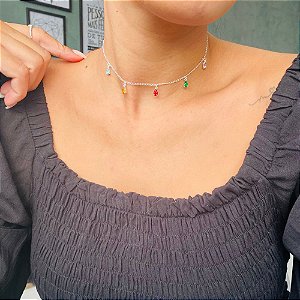 Colar Choker Zircônias Gotas Coloridas Prata 925