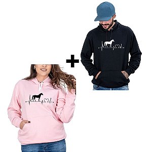 Kit combo casal Moletom Masculino Preto Apaixonado por Cavalo + Moletom Feminino Rosa Apaixonada por Cavalo