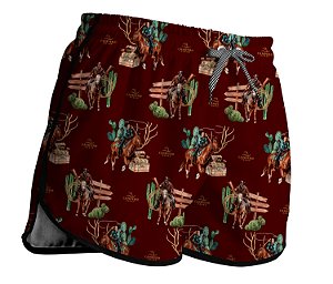 Short Feminino Country Moda Praia Campero Estampa Montaria Vermelho
